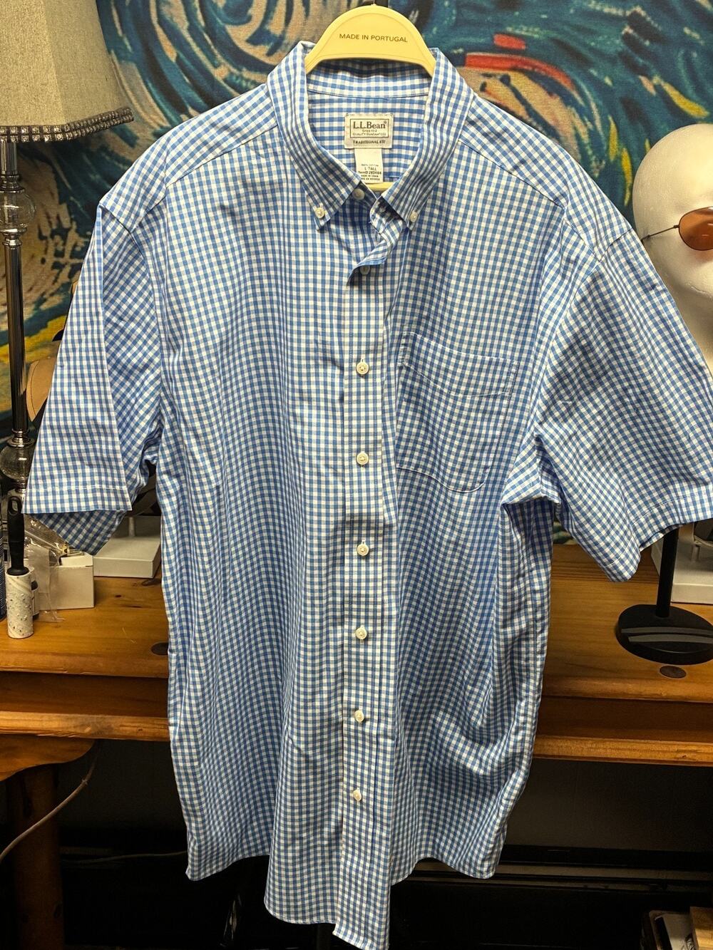 L.L.Bean Mens L Tall Gingham Shirt Blue White Traditional Fit Short Sleeve Cotto